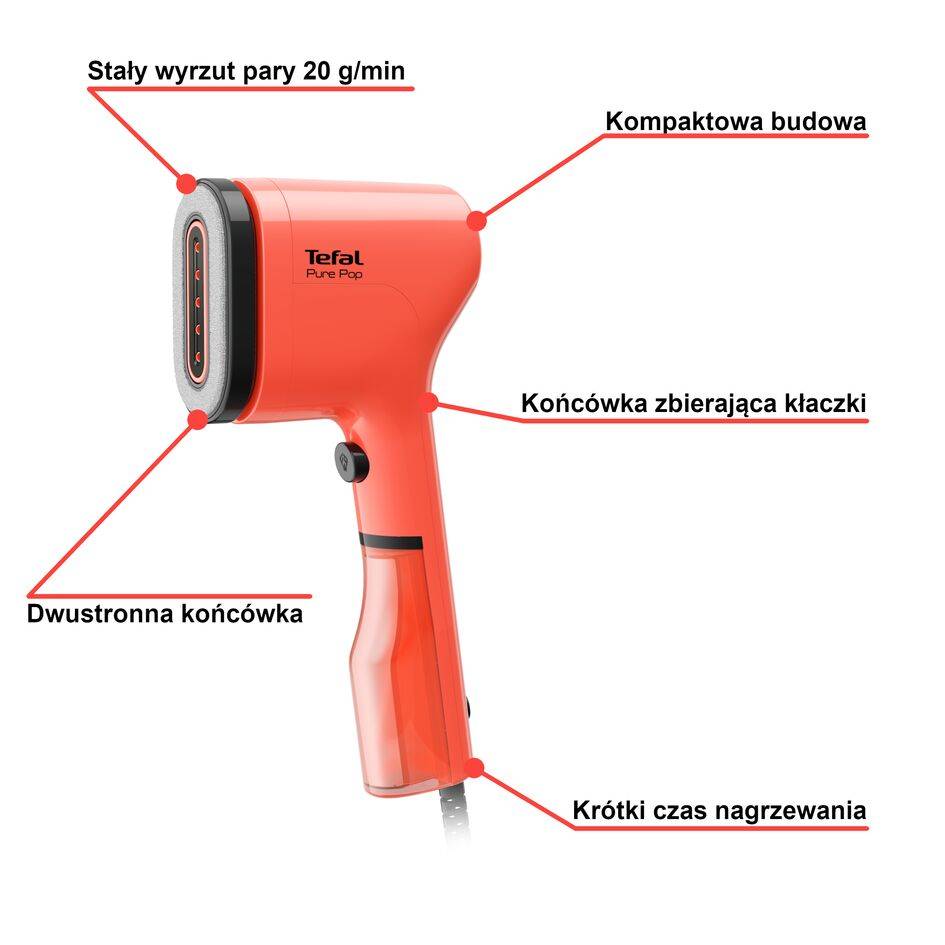 Parownica do ubrań, Tefal Pure Pop, kompaktowa, 1300 W, pomarańczowa