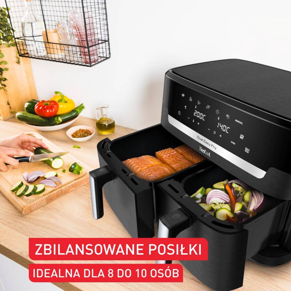 Frytkownica beztłuszczowa, Tefal Dual Easy EY9428E, dwukomorowa, duża, 11l