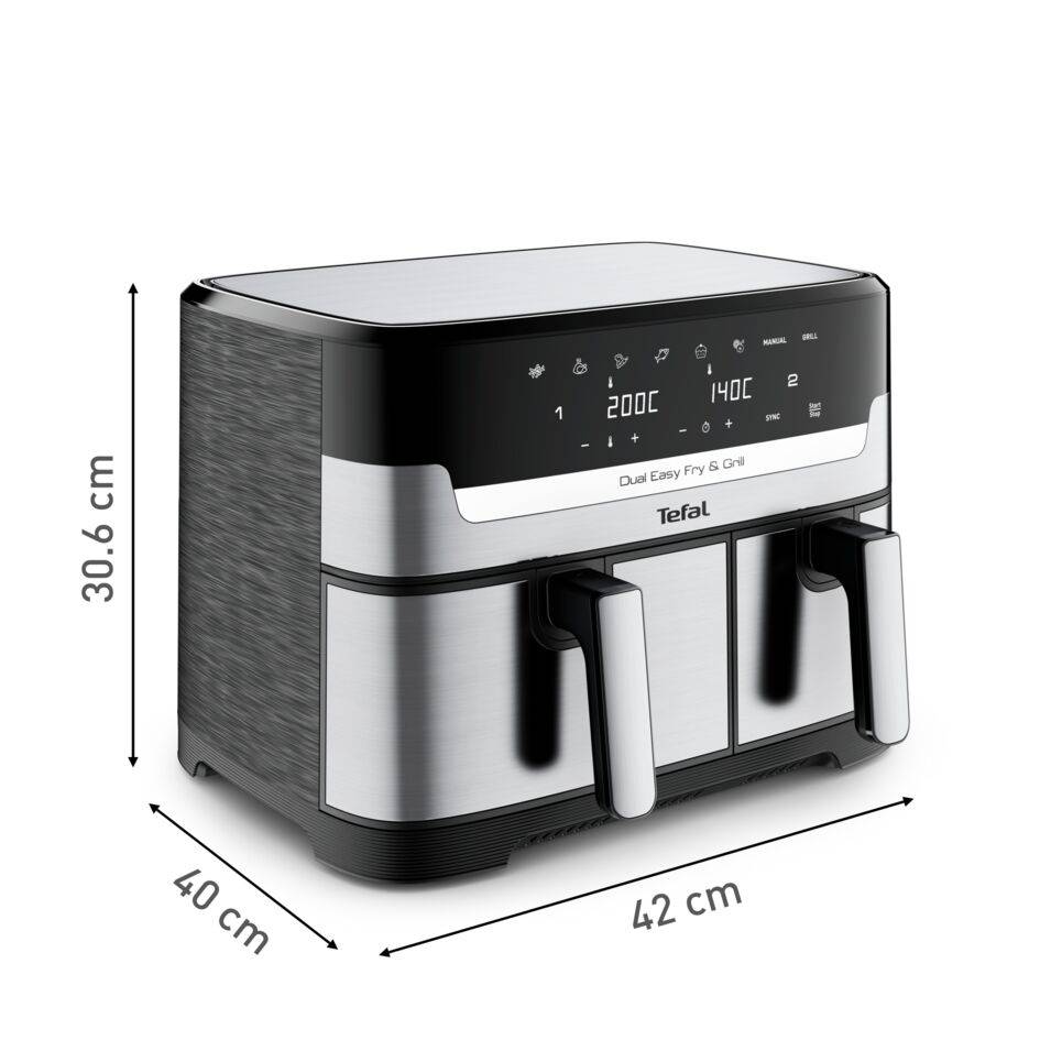Frytkownica beztłuszczowa, Tefal Dual Easy Fry&Grill EY905D, dwukomorowa, duża, grill