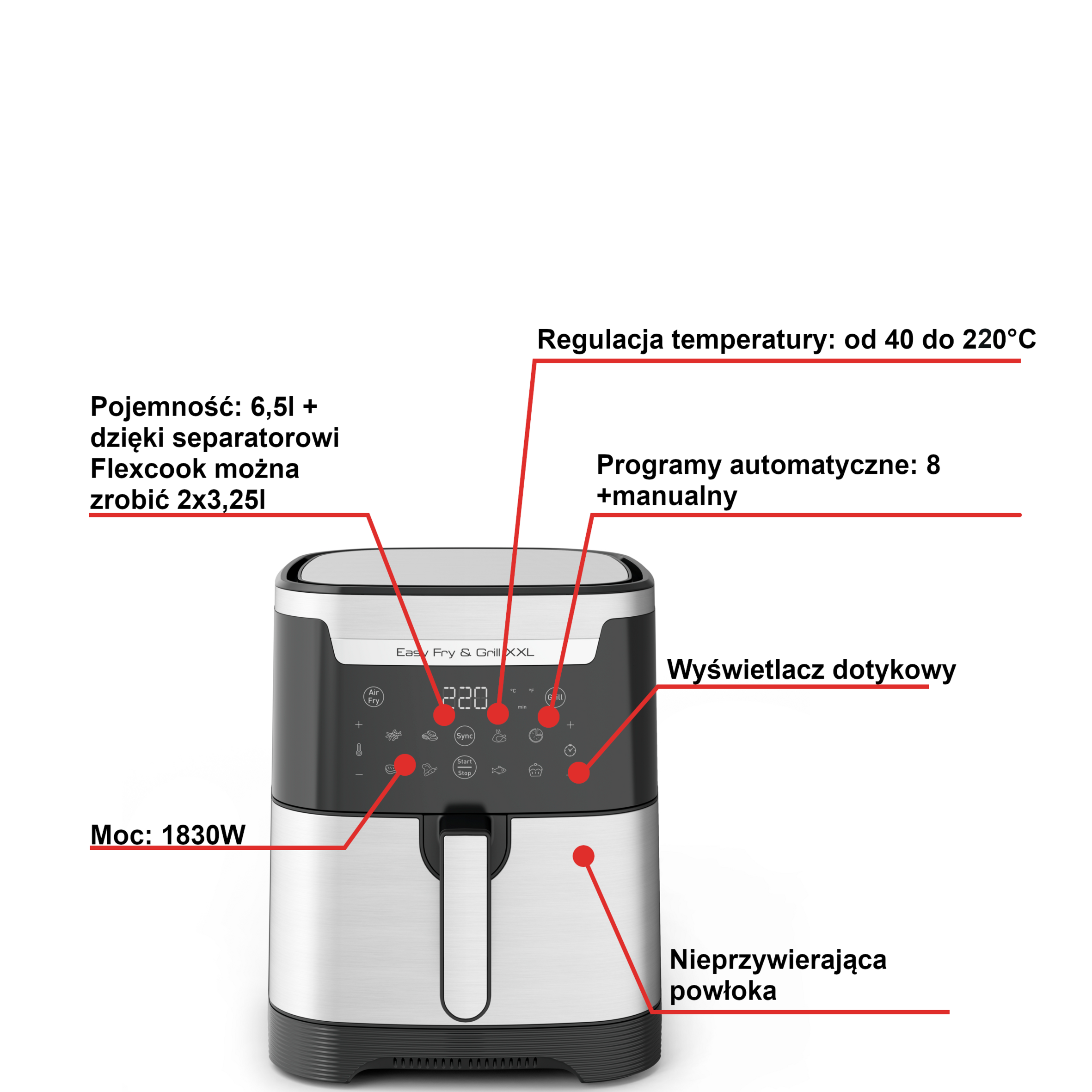 Frytkownica beztłuszczowa, Tefal Easy Fry&Grill XXL EY801D, pojemność 6,5 l, funkcja grilla