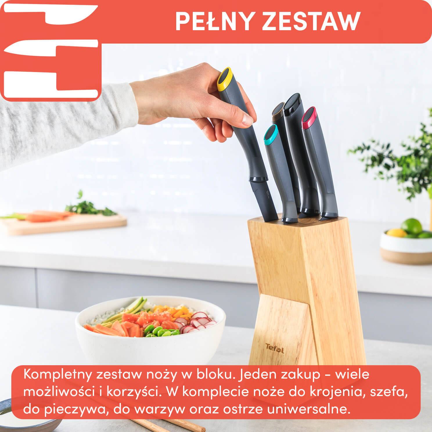 Zestaw 5 noży ze stali nierdzewnej TEFAL FRESH KITCHEN + drewniany blok