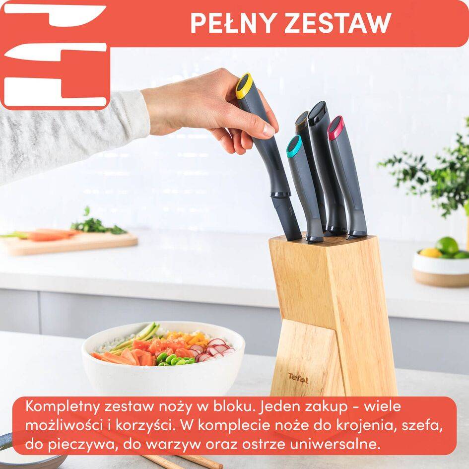 Zestaw 5 noży ze stali nierdzewnej TEFAL FRESH KITCHEN + drewniany blok