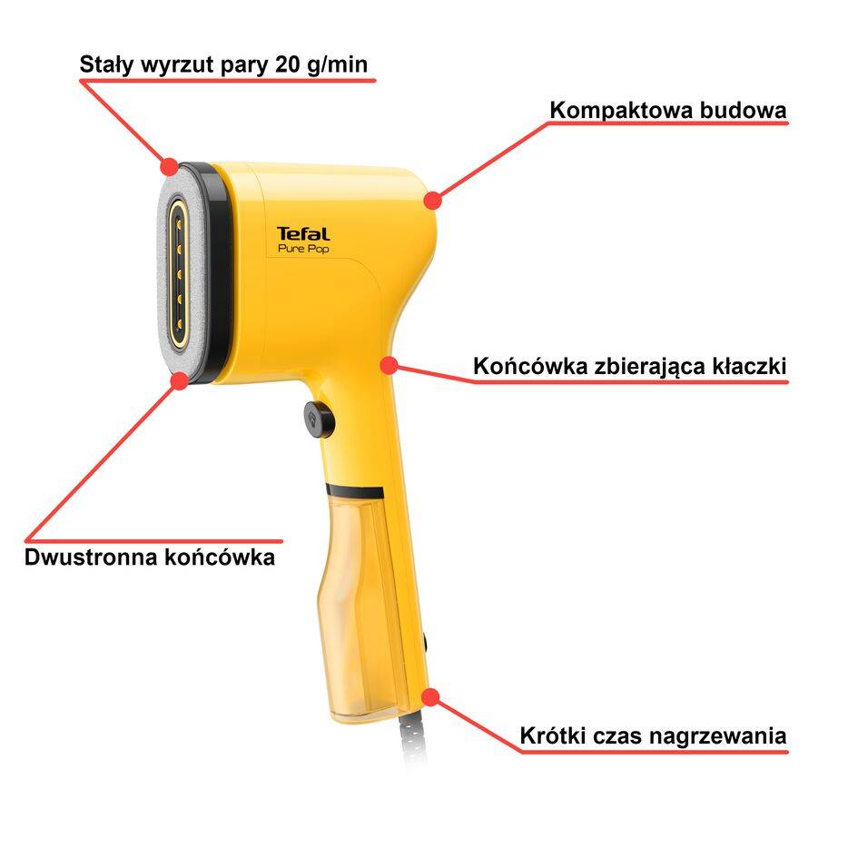 Parownica do ubrań, Tefal Pure Pop, kompaktowa, 1300 W, żółta