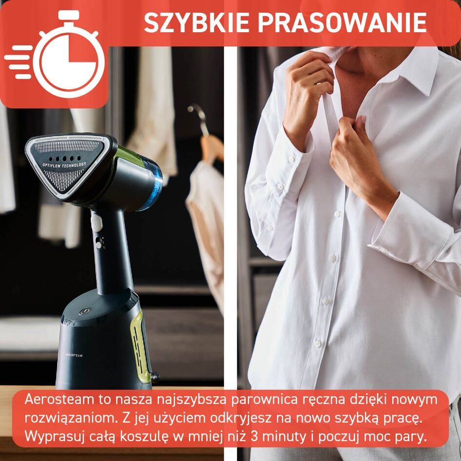 AeroSteam, ręczna parownica, rezultaty za jednym pociągnięciem, szybka i łatwa pielęgnacja odzieży
