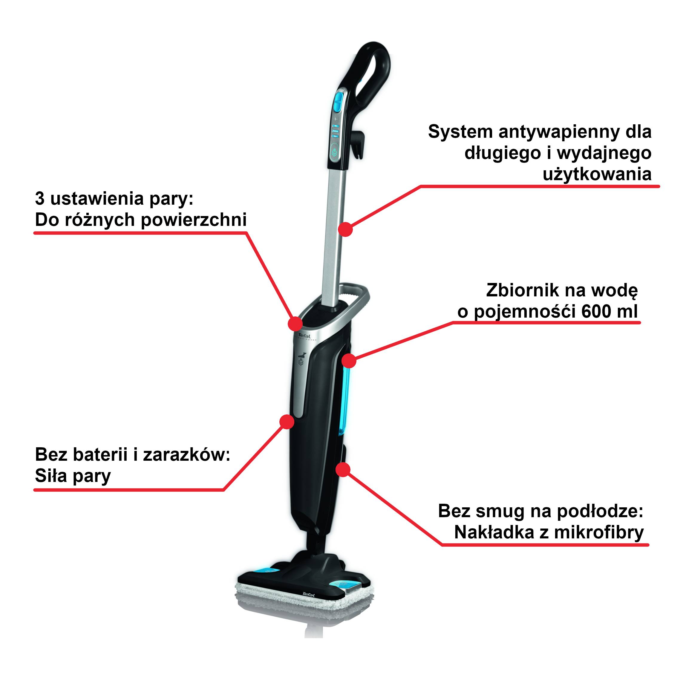 Tefal Steam Power, mop parowy, 3 tryby pracy, bez detergentów, mocna szczotka