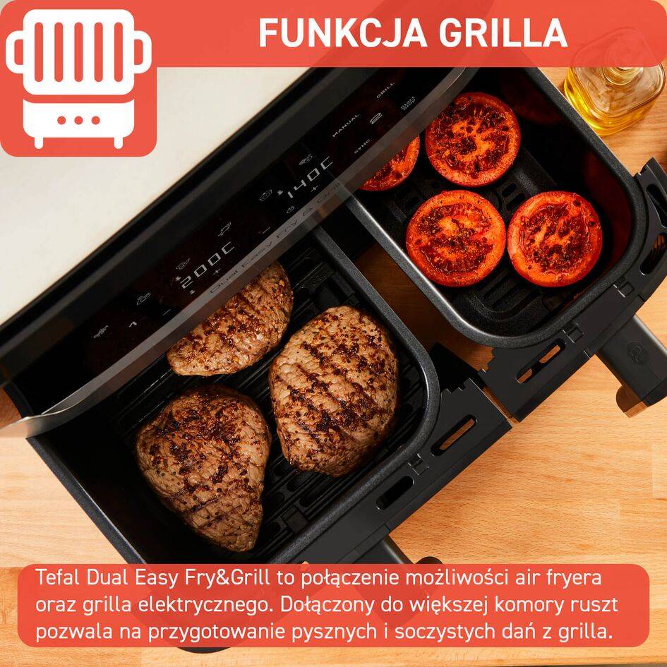 Frytkownica beztłuszczowa, Tefal Dual Easy Fry&Grill EY905D, dwukomorowa, duża, grill