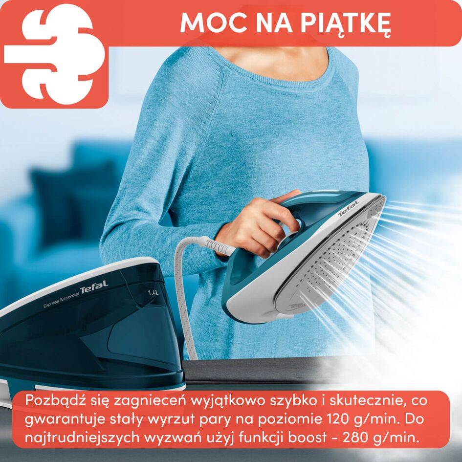 Generator pary, Tefal Express Essential, 120 g/min, 5,2 bar, prasowanie w pionie
