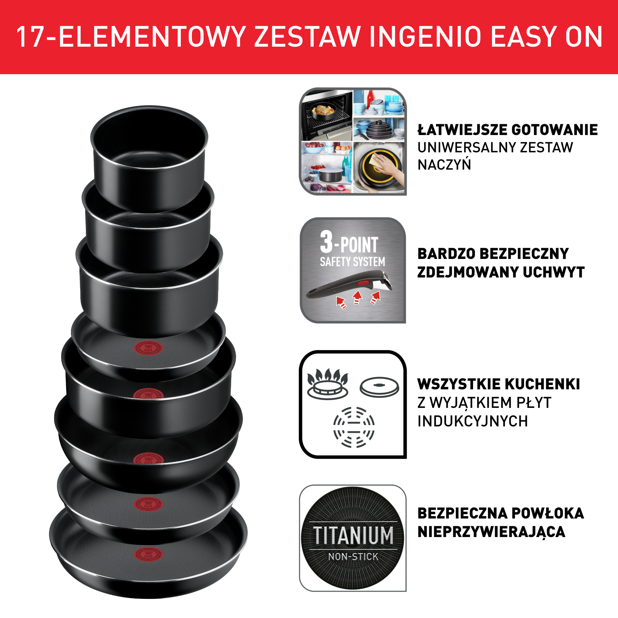 Zestaw garnków i patelni TEFAL INGENIO EASY ON - 17 elementów