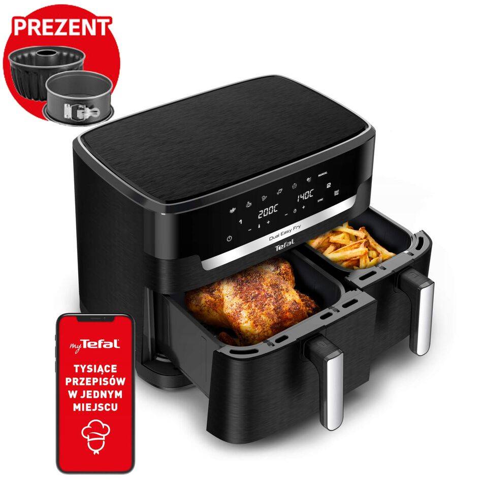 Frytkownica beztłuszczowa, Tefal Dual Easy EY9428E, dwukomorowa, duża, 11l