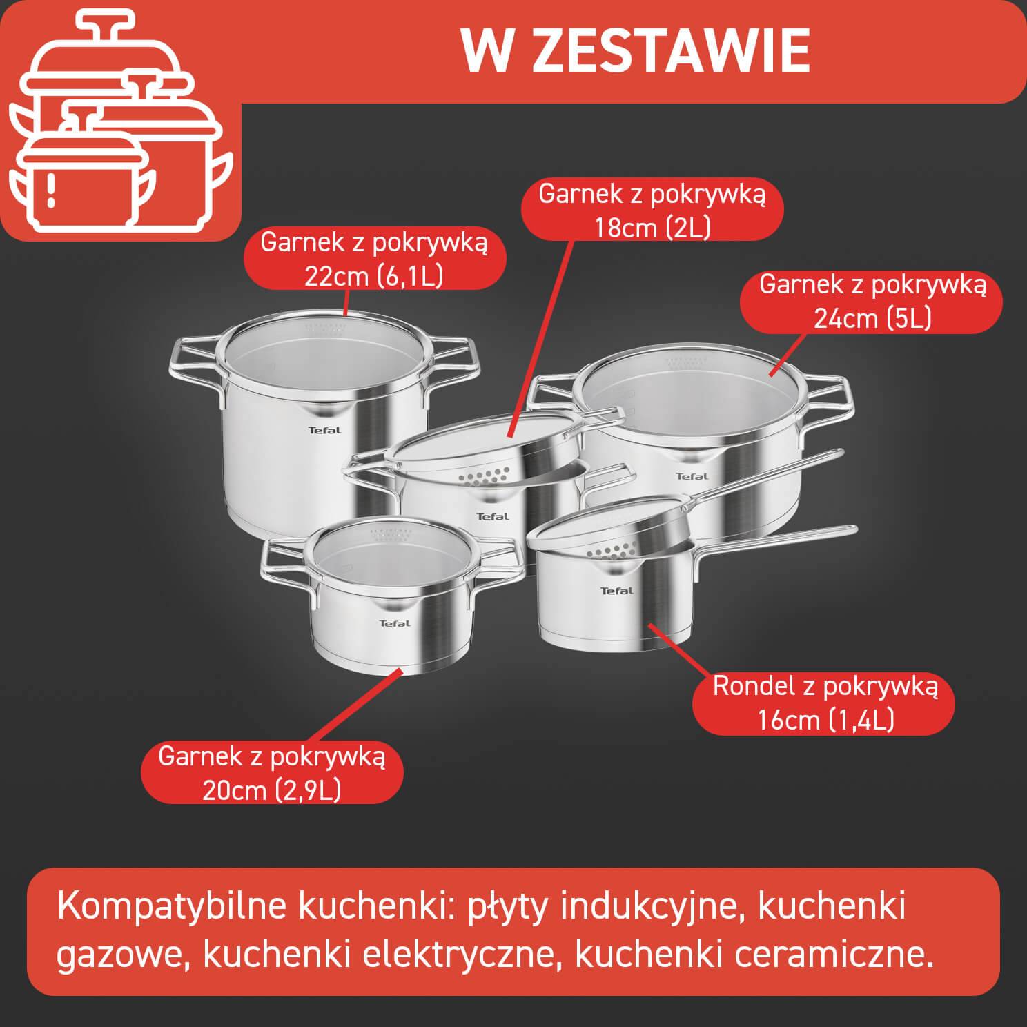 Zestaw garnków z pokrywkami TEFAL NORDICA- 10 elementów