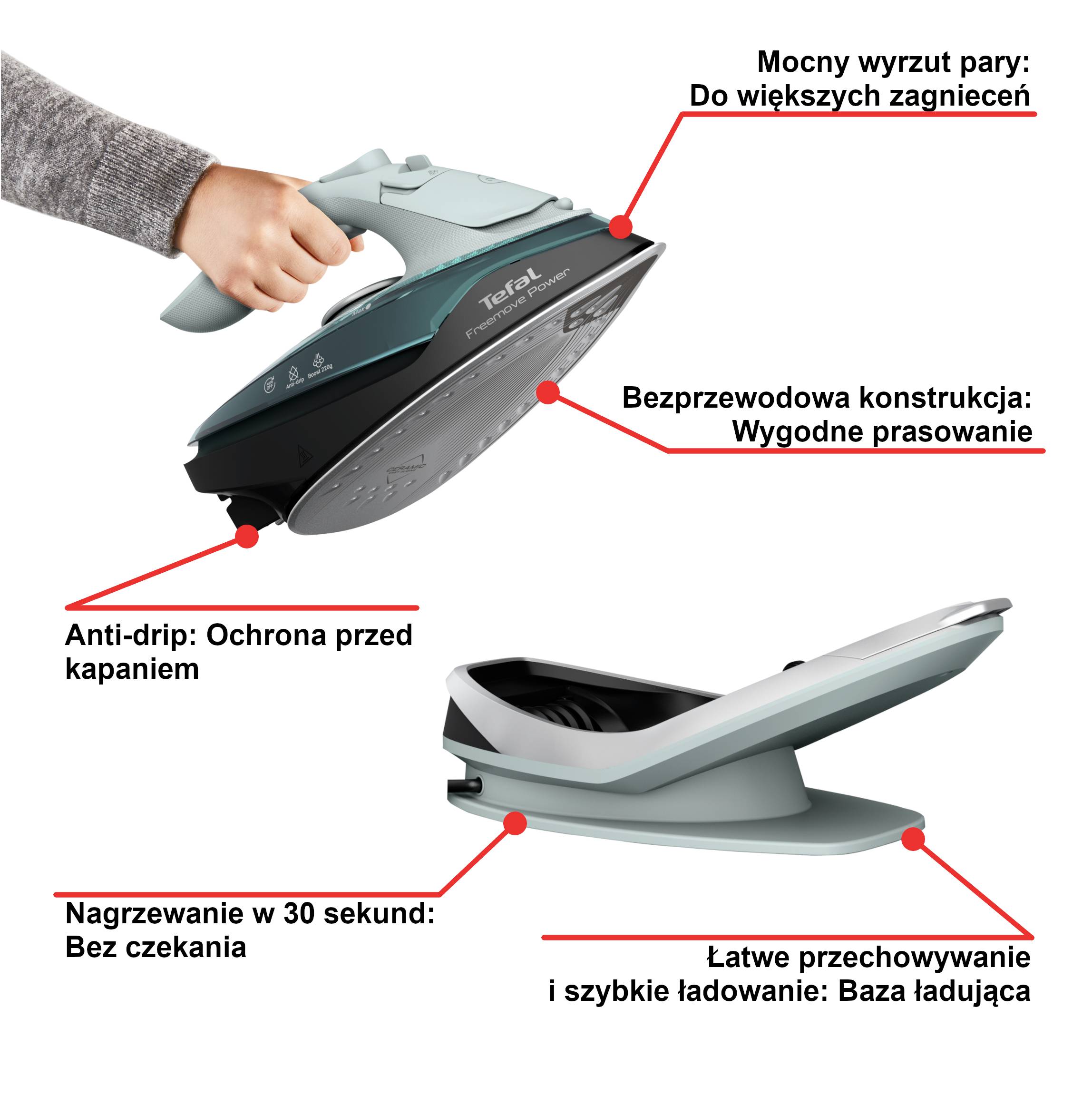 Bezprzewodowe żelazko parowe, Tefal Freemove Power FV6670, 2600 W, 40 g/min