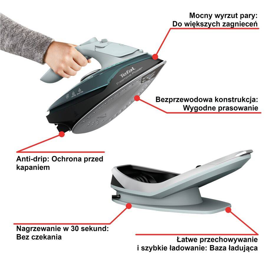Bezprzewodowe żelazko parowe, Tefal Freemove Power FV6670, 2600 W, 40 g/min