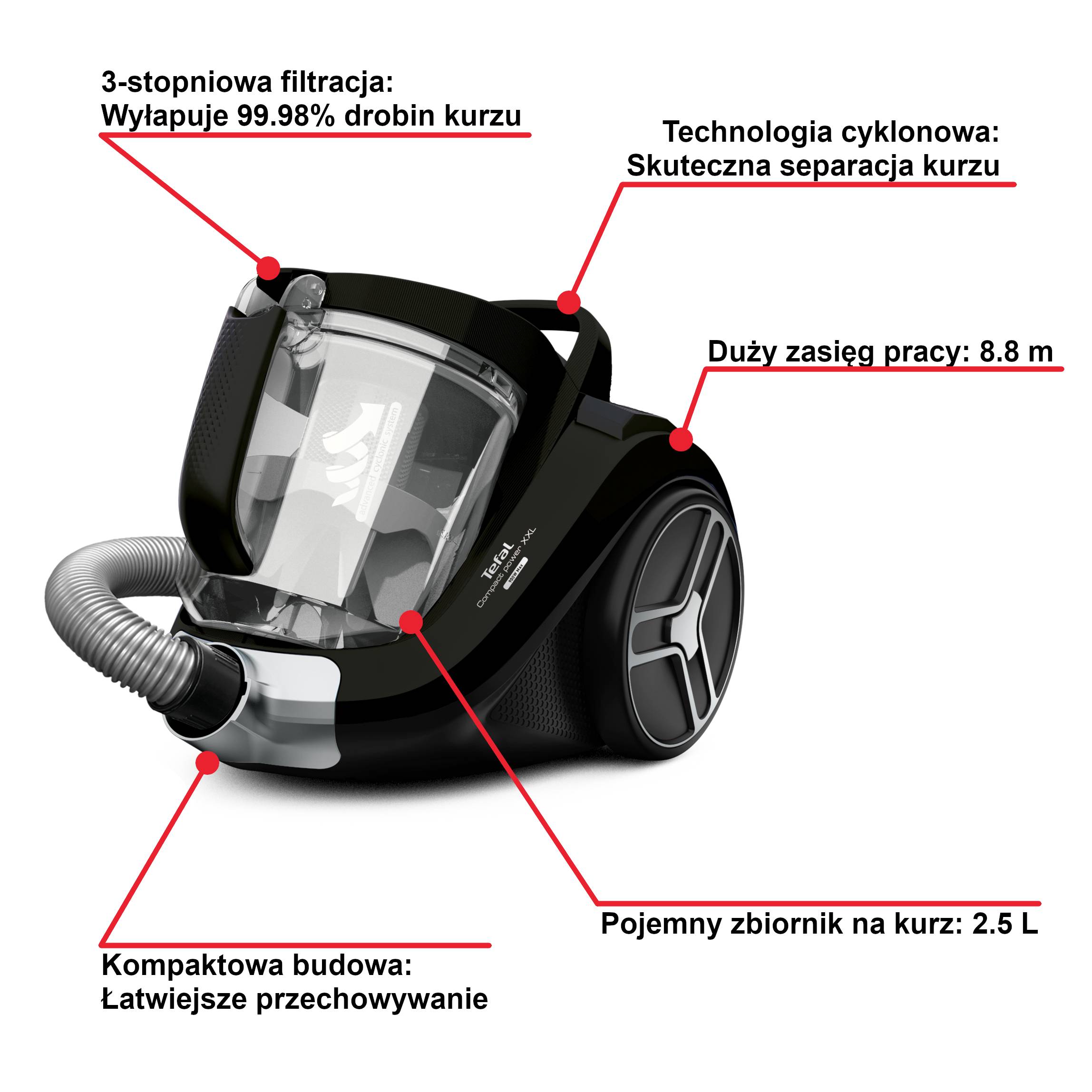 Tefal Compact Power XXL Total Clean, odkurzacz bezworkowy, 750 W, filtracja, 2,5 l