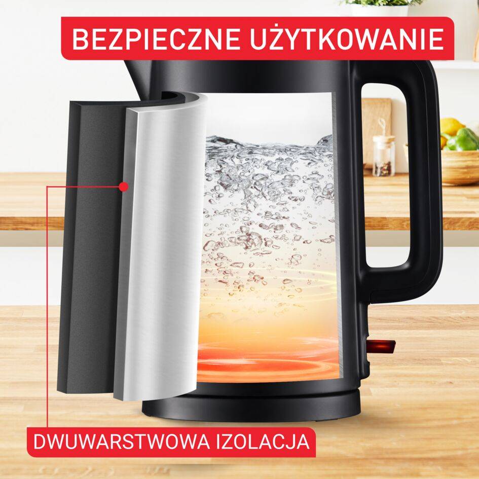 Czajnik Thermo Protect, czajnik elektryczny, bezpieczny w dotyku, wkład w całości ze stali nierdzewnej, czarny