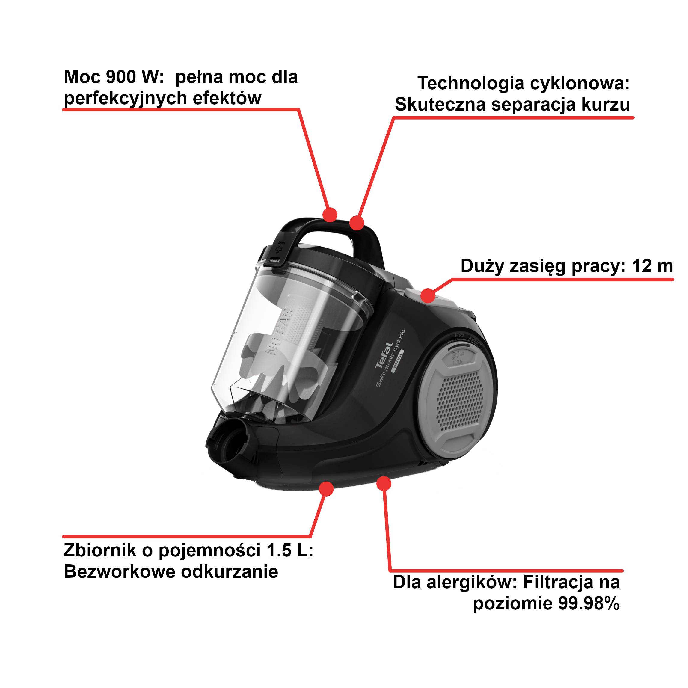 Tefal Swift Power Cyclonic, odkurzacz bezworkowy, 900 W, dla alergików, 1,5 l