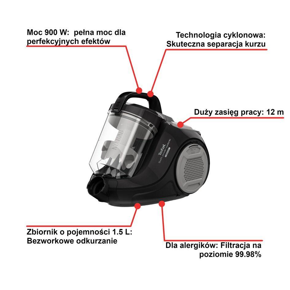 Tefal Swift Power Cyclonic, odkurzacz bezworkowy, 900 W, dla alergików, 1,5 l 