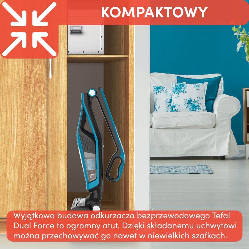 Odkurzacz bezprzewodowy, Tefal Dual Force, 2 w 1, 75 min, kompaktowy