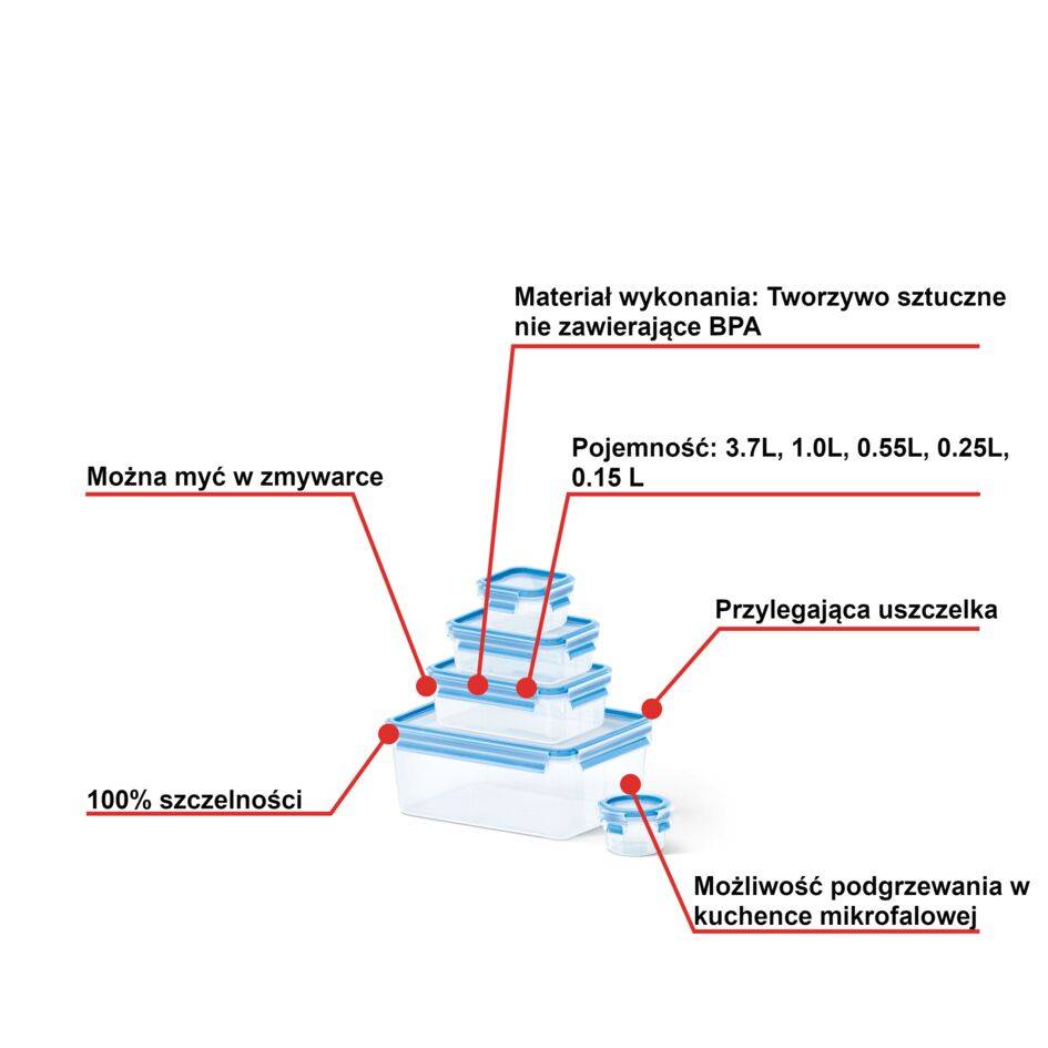 Zestaw pojemników lunchbox TEFAL MASTERSEAL 0,15/0,25/0,55/1/3,7l