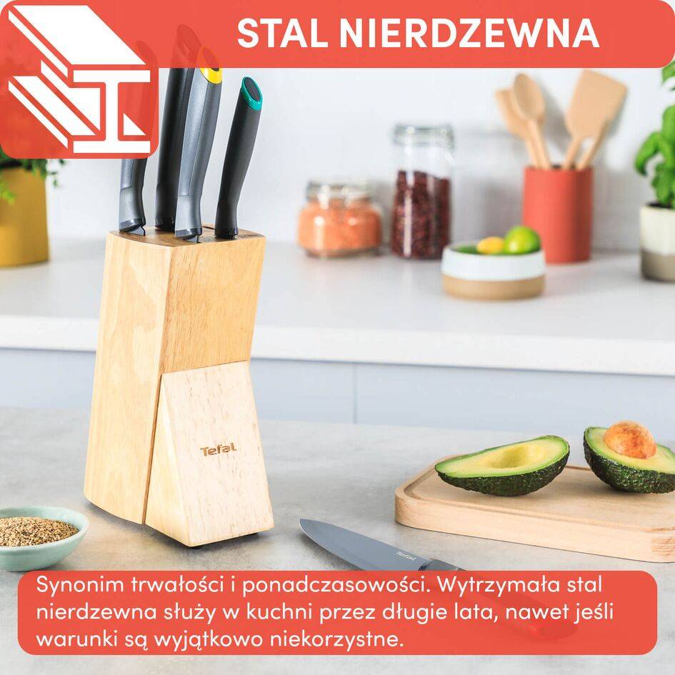 Zestaw 5 noży ze stali nierdzewnej TEFAL FRESH KITCHEN + drewniany blok