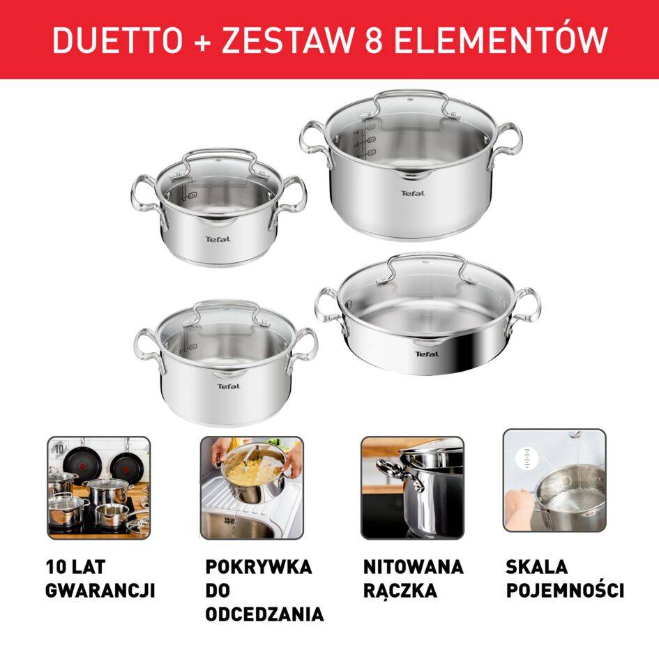 Zestaw garnków, Tefal Duetto+, 8 elementów, stal nierdzewna, pokrywki