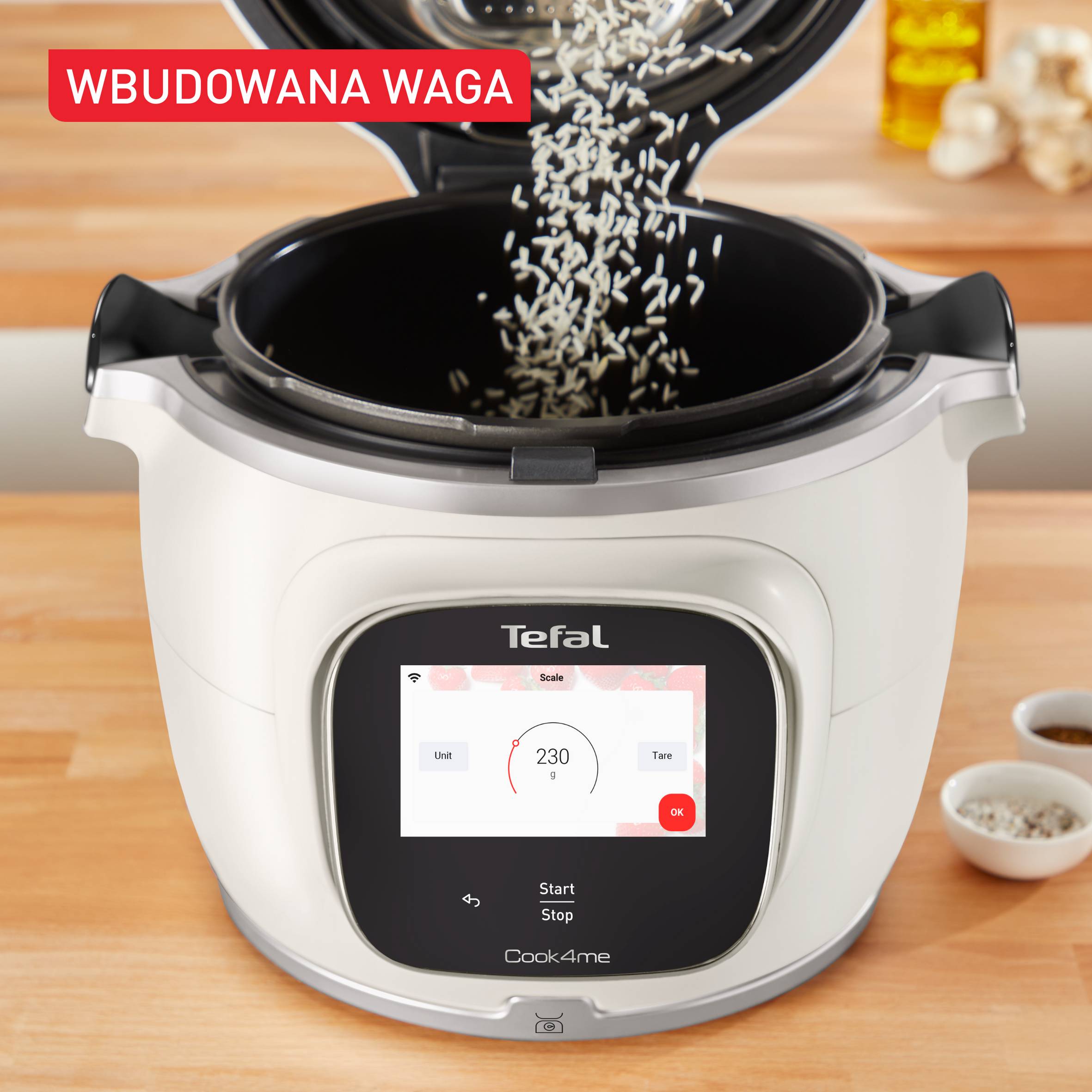 Multicooker TEFAL Cook4me Touch Pro z pokrywą Extra Crisp. Wbudowana waga