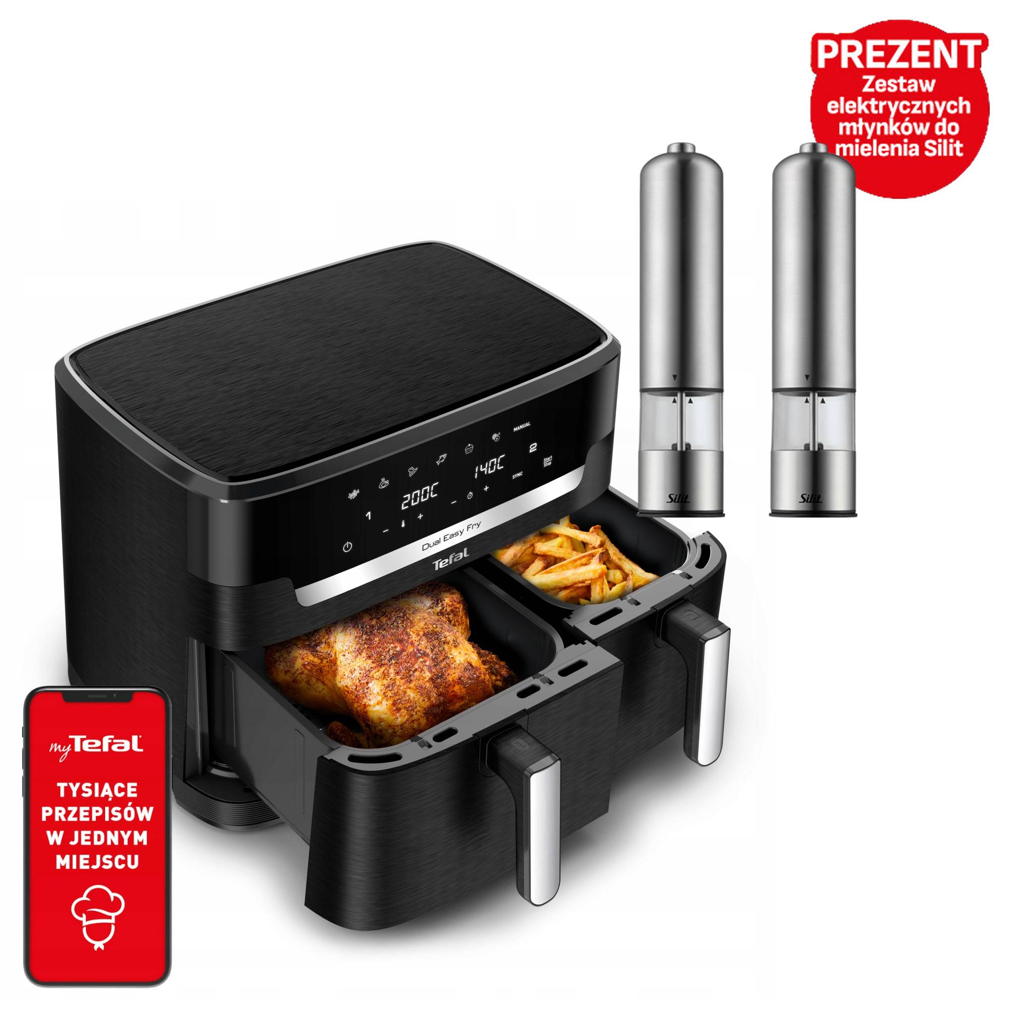 Frytkownica beztłuszczowa, Tefal Dual Easy EY9428E, dwukomorowa, duża, 11l