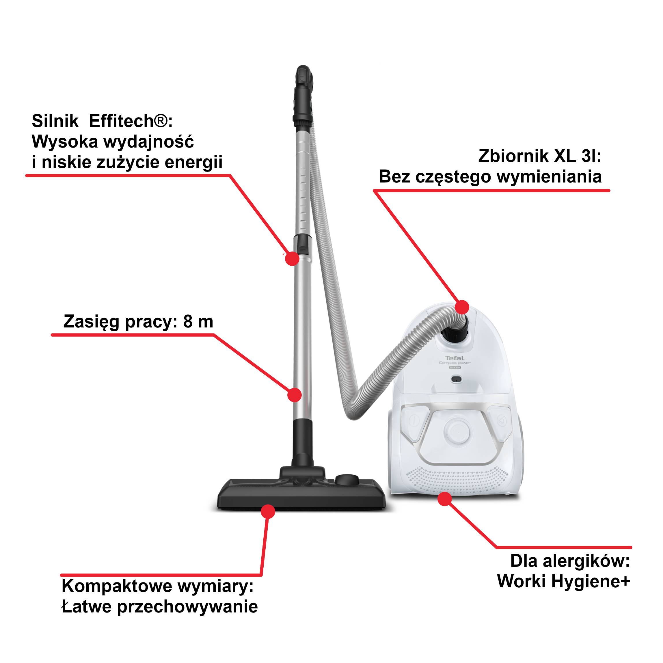 Tefal Compact Power, odkurzacz workowy, 750 W, duży zasięg, filtracja