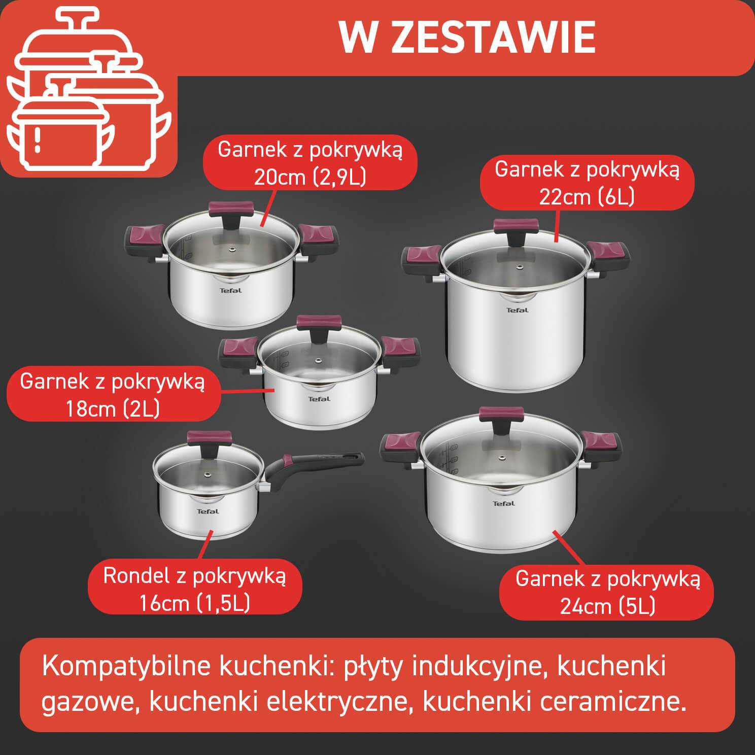 Zestaw garnków z pokrywkami TEFAL COOK&CLIP - 10 elementów