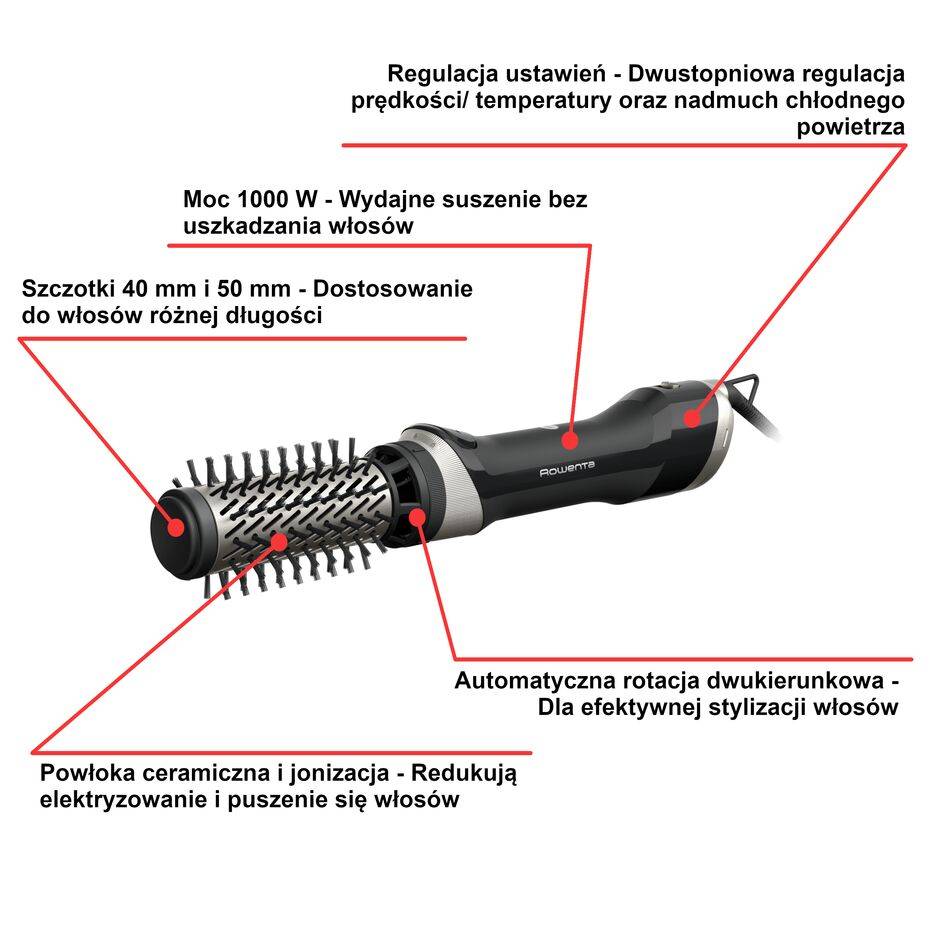 Suszarko-lokówka, Rowenta Brush Activ, obrotowa, ceramiczna, 3 końcówki
