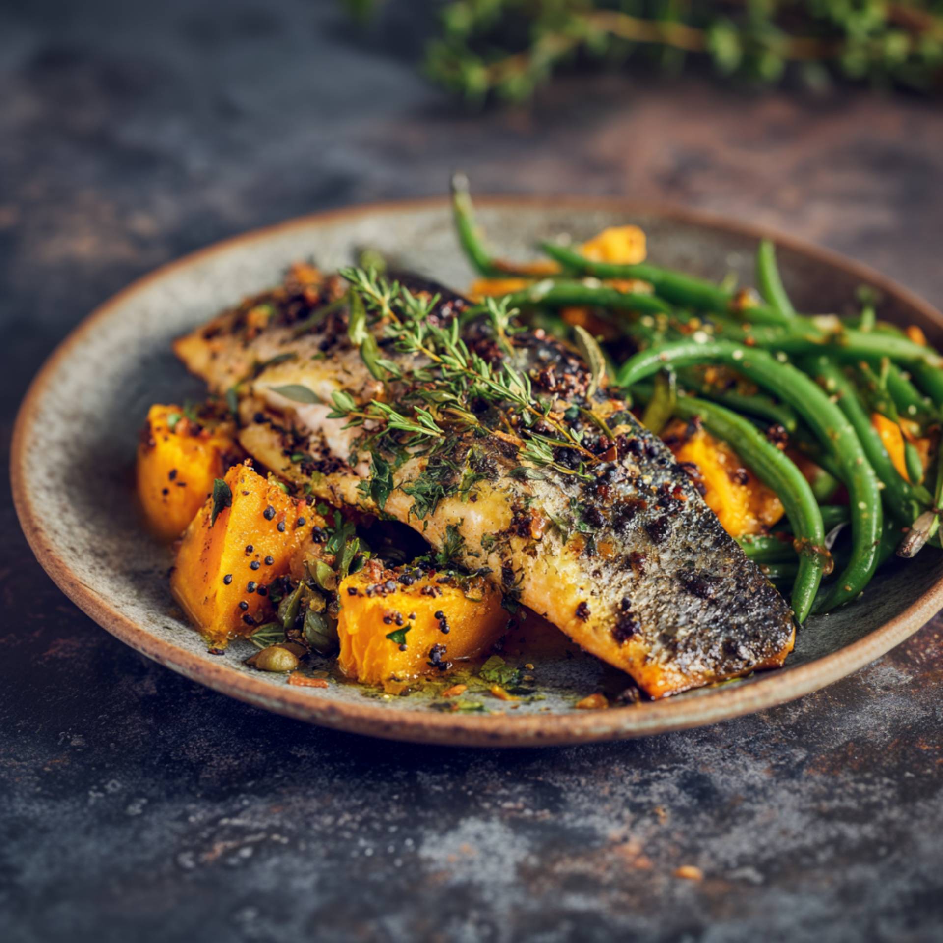 Tymiankowy pstrąg z batatem, fasolką szparagową - przepisy EASY FRY & GRILL 2 in 1 MECHANICAL | Tefal