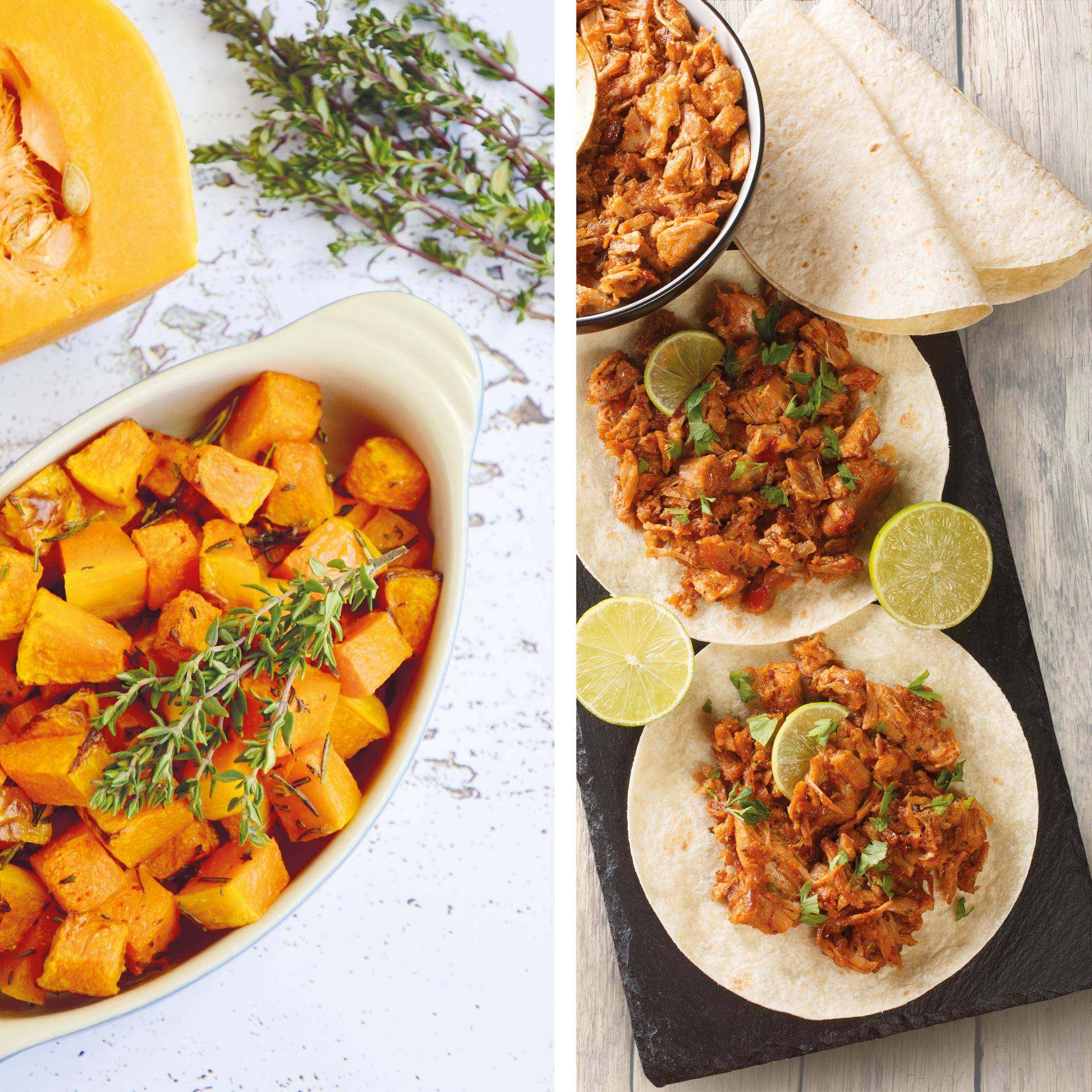 Szarpana wieprzowina z kostkami dyni piżmowej - przepisy Dual EasyFry&Grill | Tefal