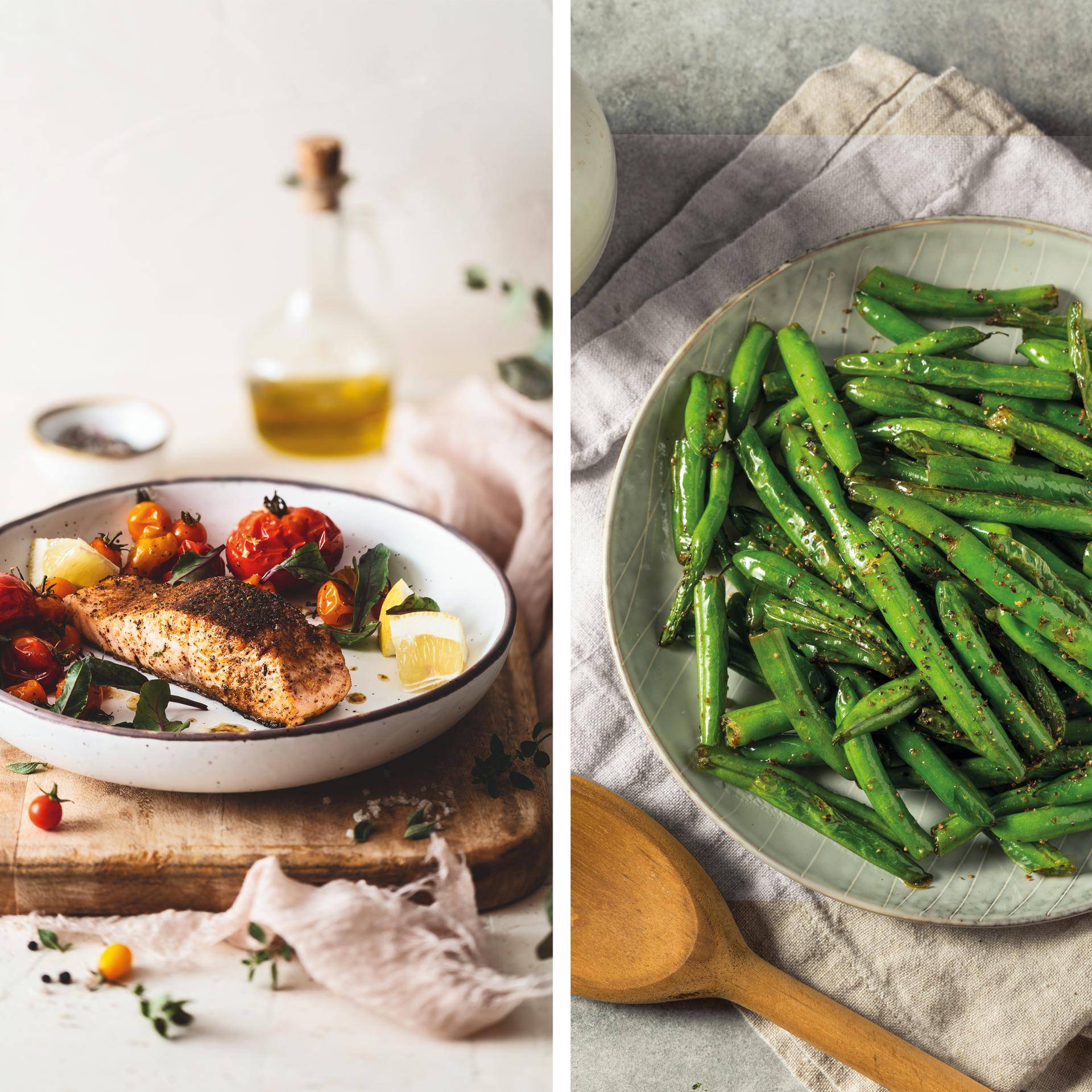 Łosoś cajun z fasolką szparagową w czosnku - przepisy Dual EasyFry&Grill | Tefal