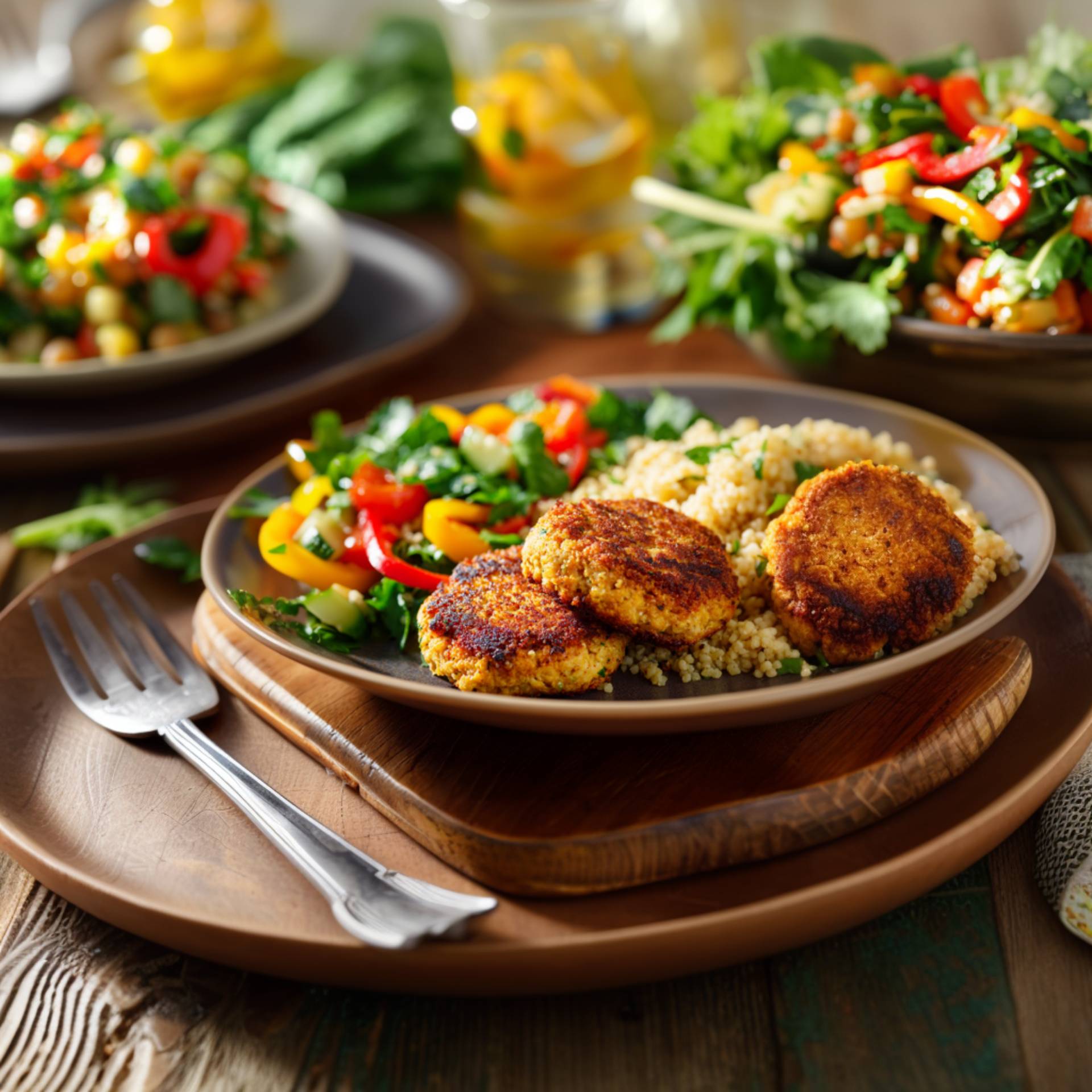 Kotleciki z ciecierzycy i kurczaka z kaszą i sałatką - przepisy EASY FRY & GRILL 2 in 1 MECHANICAL | Tefal