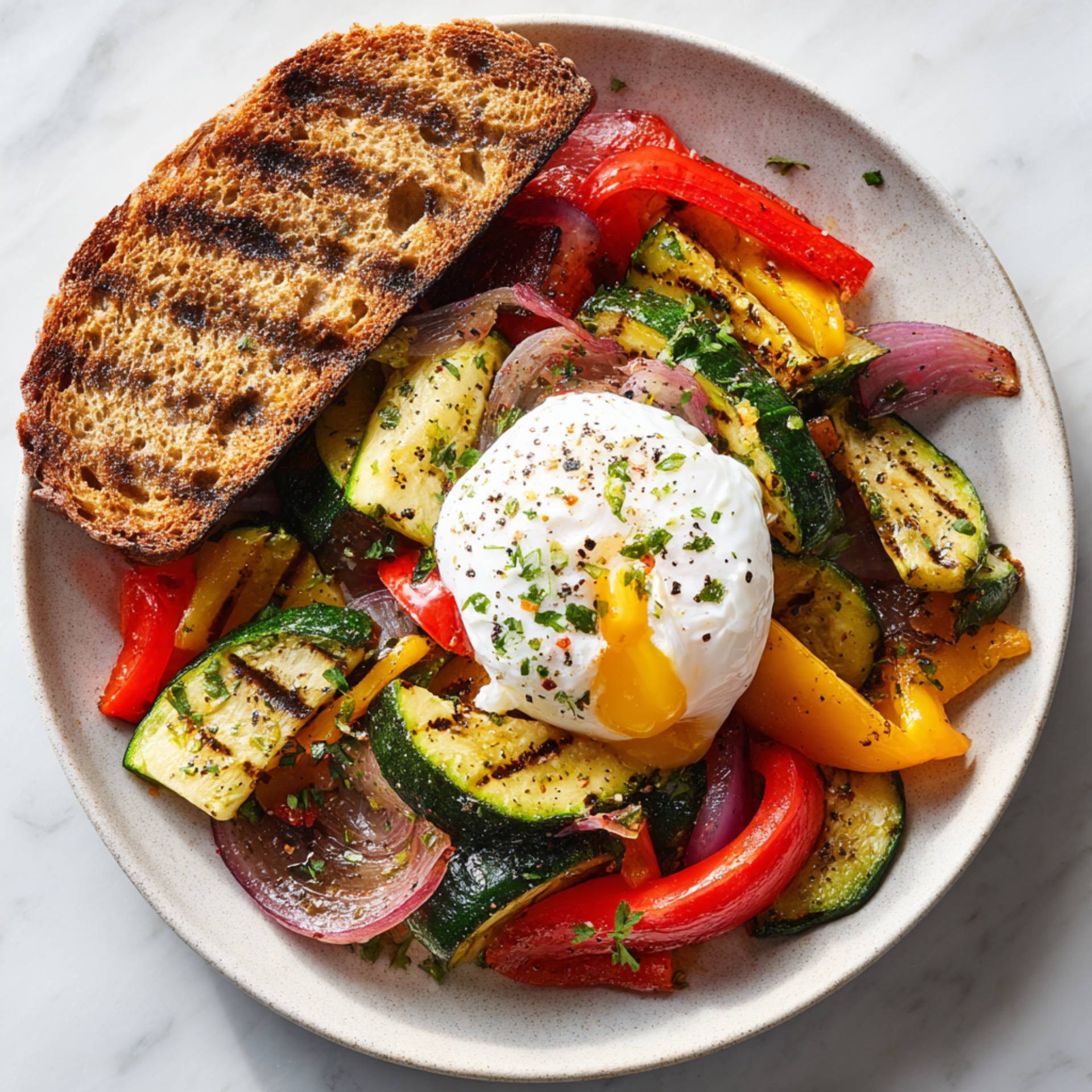 Grillowane warzywa z jajkiem w koszulce i pełnoziarnistym chlebem - przepisy OptiGrill XL | Tefal