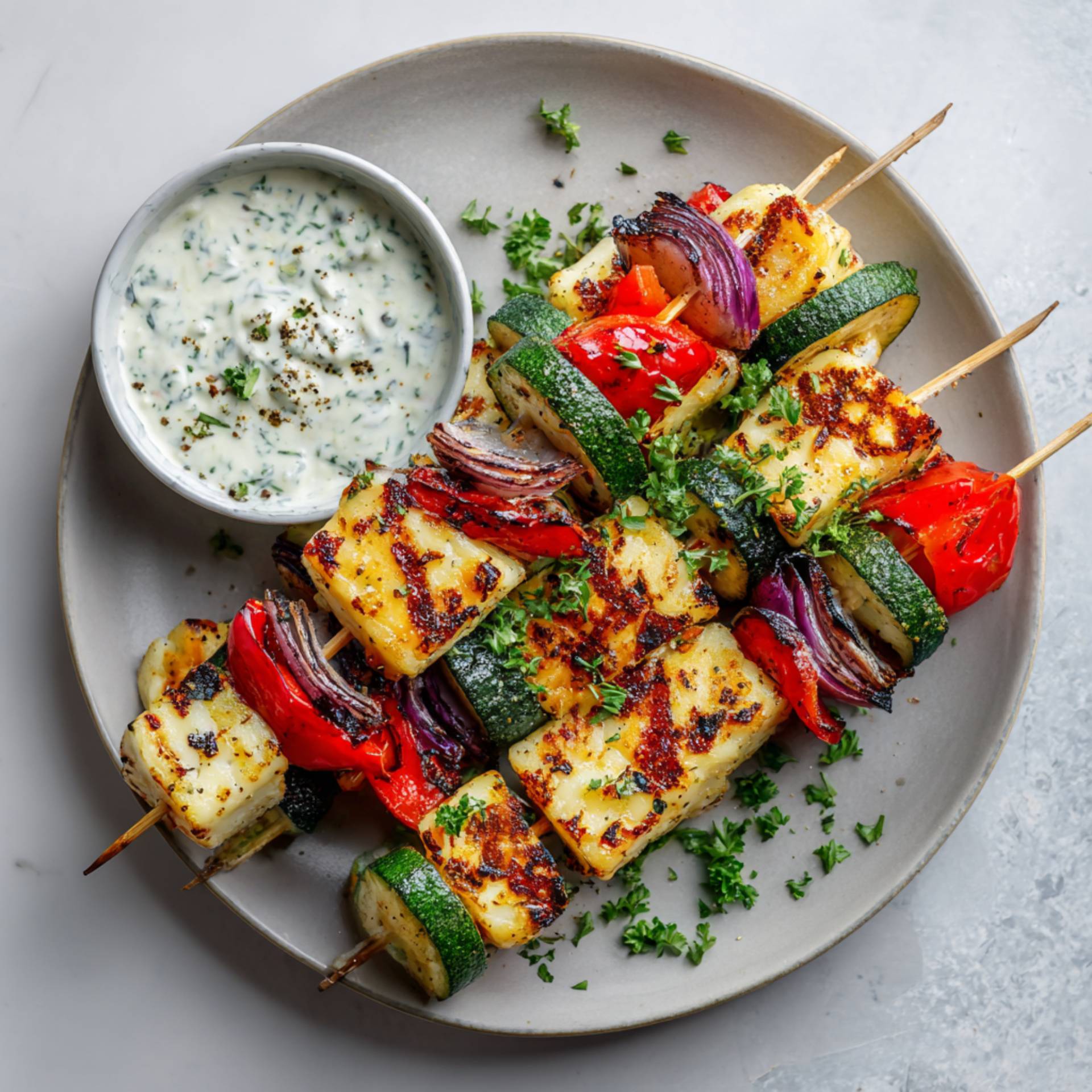 Warzywne szaszłyki z halloumi i sosem jogurtowym - przepisy OptiGrill XL | Tefal