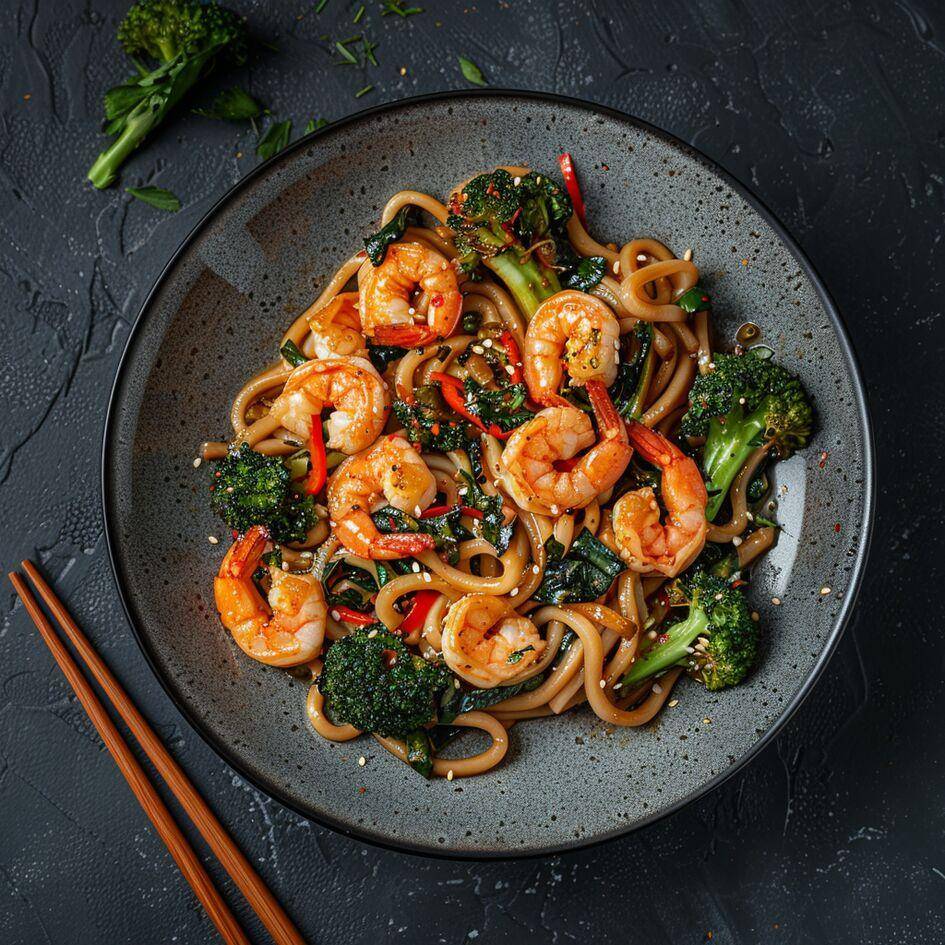 Podsmażany makaron udon z krewetkami i brokułami - przepisy Patelnie i Garnki | Tefal
