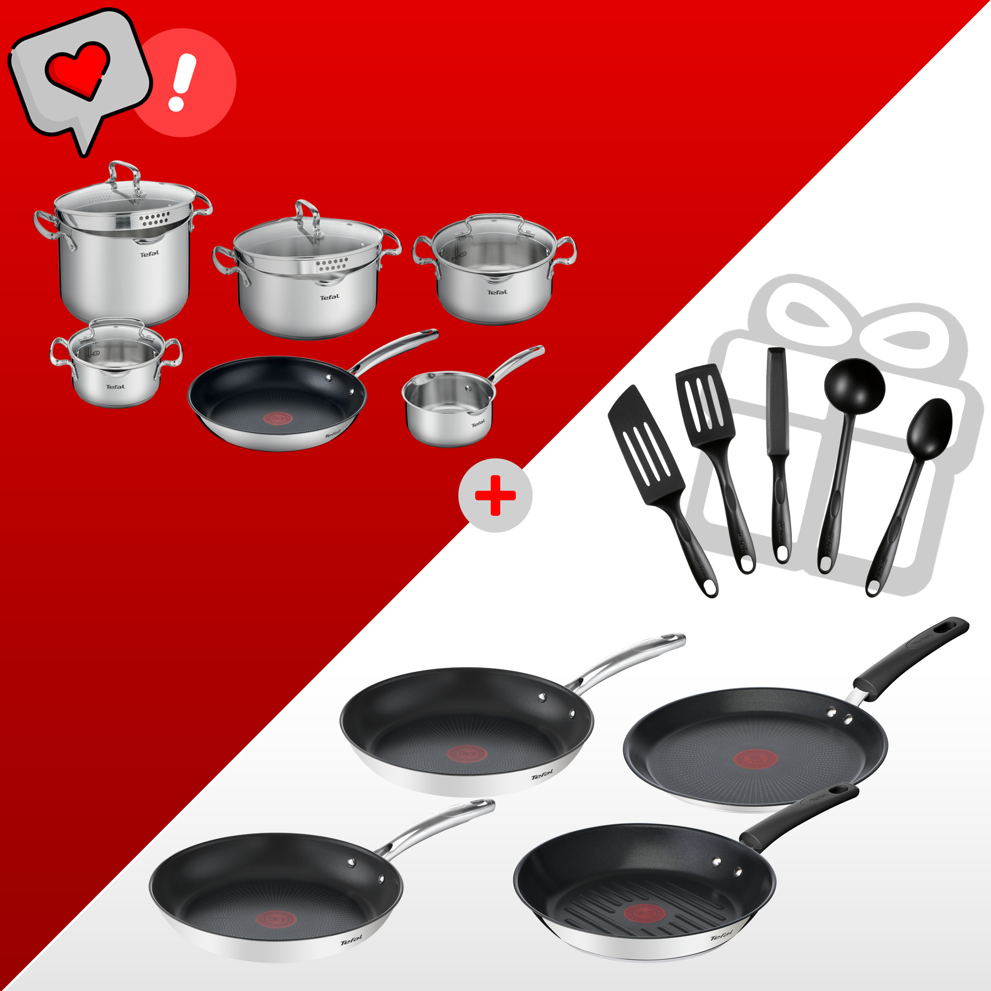 Zestaw garnków i patelni Tefal Duetto+ (10 elementów) + Patelnie Tefal Duetto+ 24/28cm, patelnia naleśnikowa i grillowa, akcesoria